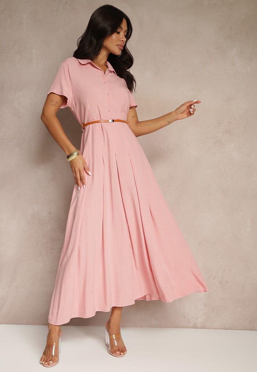 Różowa Koszulowa Sukienka z Wiskozy z Cienkim Paskiem Filanella