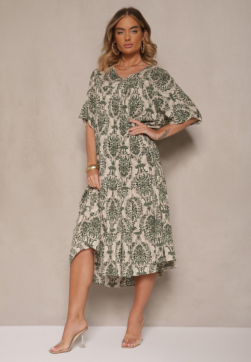 Ciemnozielona Sukienka z Bawełną i Abstrakcyjnym Motywem Filarella