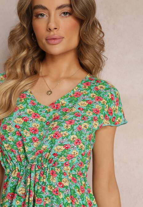 Miętowo-Zielona Kwiecista Sukienka Mini z Wiskozy z Krótkim Rękawem Ayela