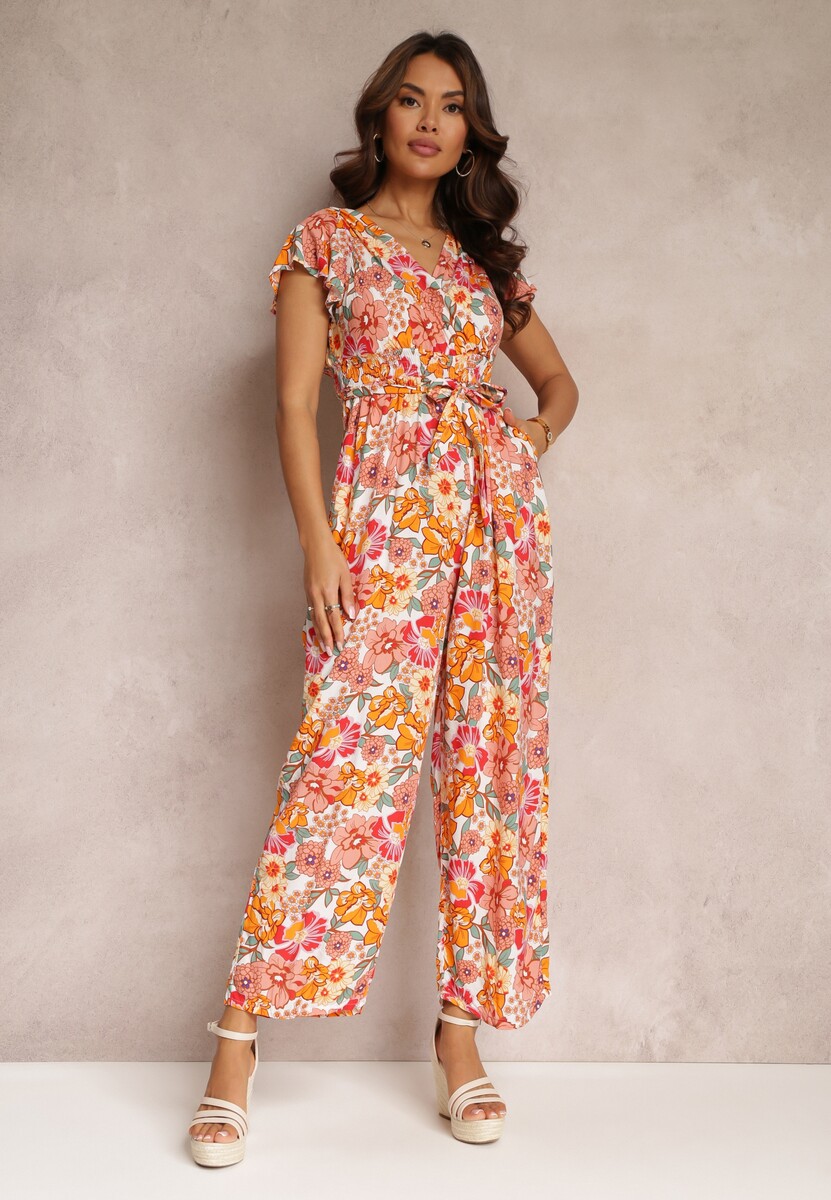 Pomarańczowo-Biały Kwiecisty Kombinezon z Wiskozy z Gumkami w Talii i Materiałowym Paskiem Kosine