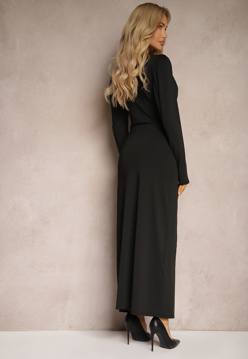 Czarna Sukienka Koktajlowa z Dekoracyjnym Marszczeniem i Rozcięciem Zaivenne