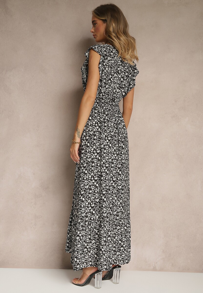 Czarna Rozkloszowana Sukienka Zdobiona Falbanami i Kwiatowym Printem Aravee