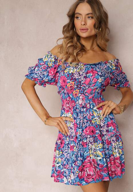 Granatowa Rozkloszowana Sukienka Mini z Gumkami w Pasie i Krótkimi Rękawami z Wiskozy Merrelle