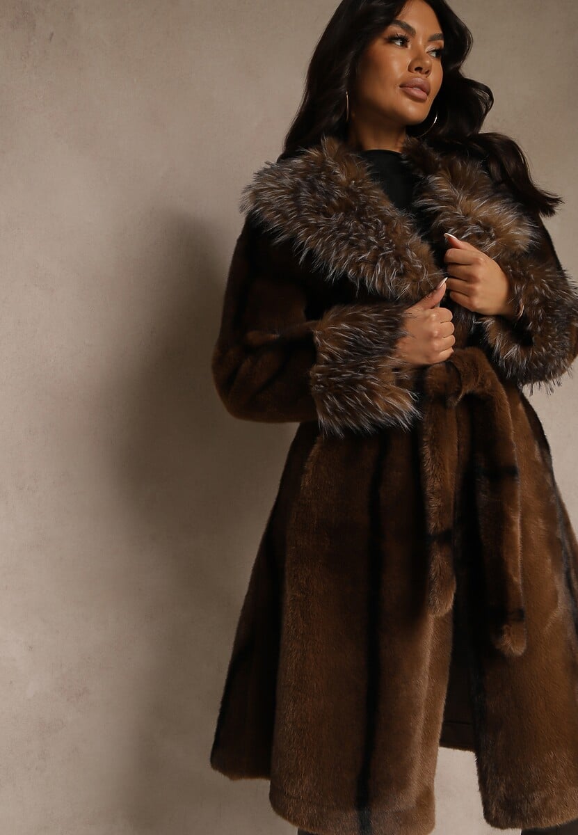 Brązowy Płaszcz Futerko z Paskiem z Ozdobnym Kołnierzem i Mankietami Tiobella