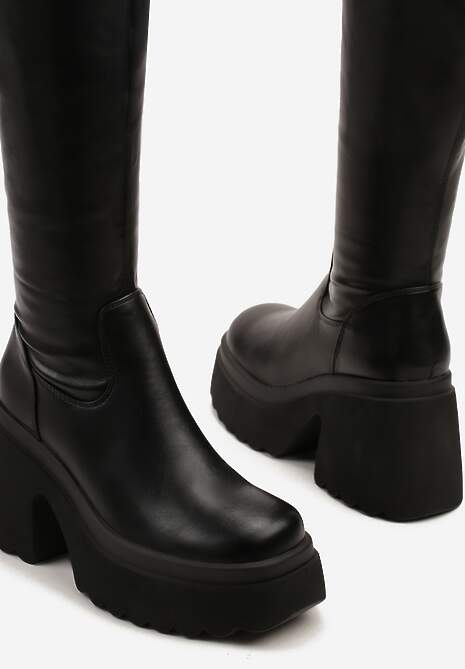 Czarne Kozaki na Słupku i Platformie z Dopasowaną Cholewką Avelgissa