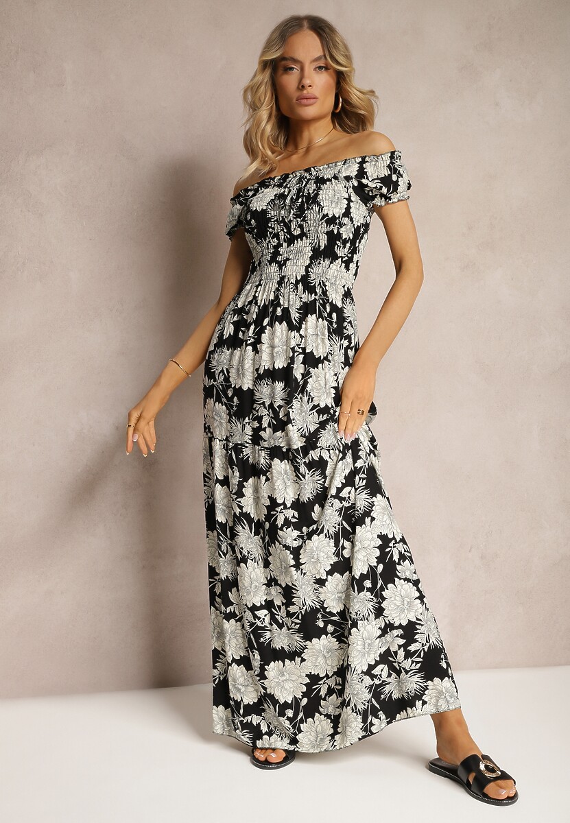 Czarno-Biała Wiskozowa Sukienka Hiszpanka z Marszczoną Górą Zimbia