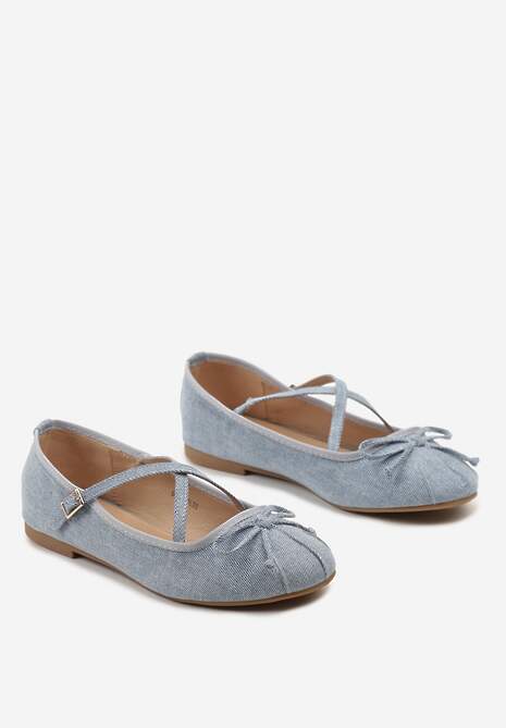 Niebieskie Balerinki z Ozdobnymi Paskami na Sprzączkę i Kokardką Zrisa