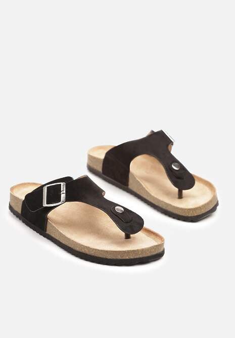 Czarne Japonki na Platformie Imitującej Korek Ozdobione Klamrą Velsemi