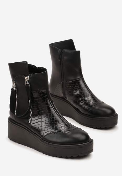 Czarne Botki Vices na Koturnie i Platformie Ozdobione Suwakiem Gattie