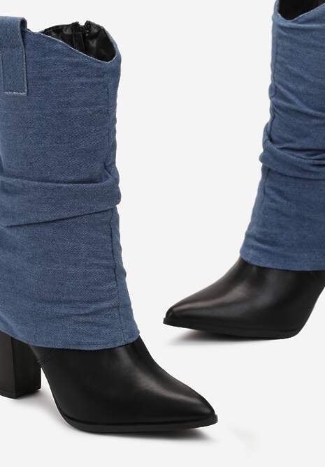 Niebieskie Kowbojki Kozaki na Obcasie z Wywiniętą Marszczoną Cholewką Vilimaini