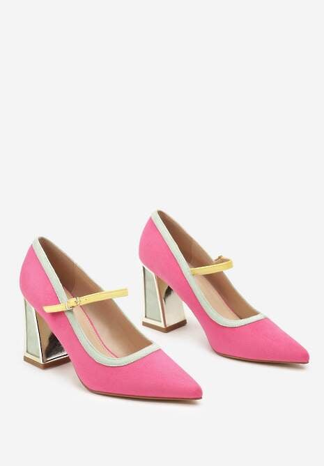 Fuksjowe Czółenka na Słupku z Metaliczną Wstawką i Paskiem Linnelea