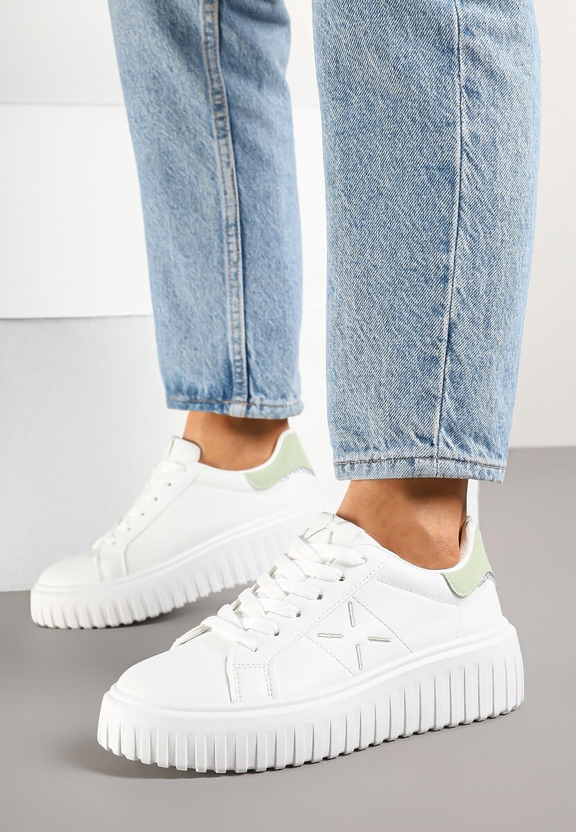 Biało-Zielone Sneakersy na Platformie z Tłoczeniem i Brokatową Wstawką Nuselin