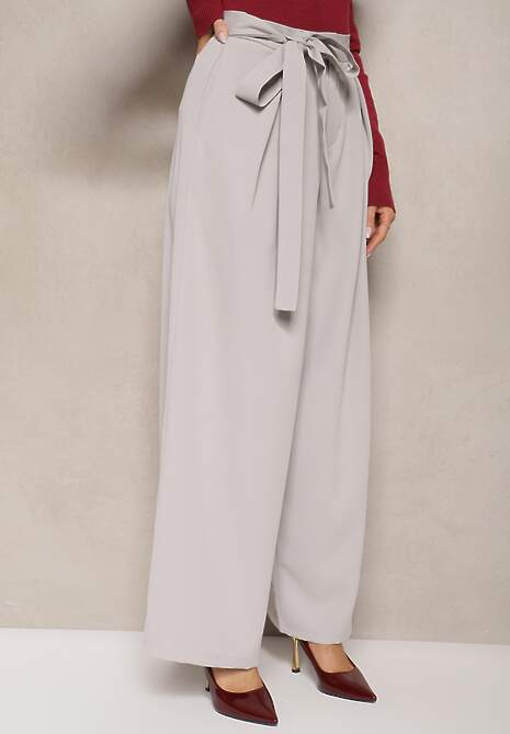 Szare Eleganckie Spodnie w Garniturowym Stylu High Waist Ozdobione Paskiem w Talii Wenelsea