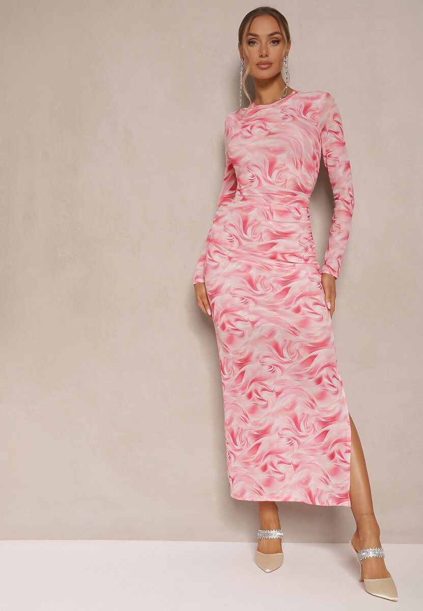 Niebieska Siateczkowa Sukienka z Wiskozą o Dopasowanym Kroju w Abstrakcyjny Print Saralora