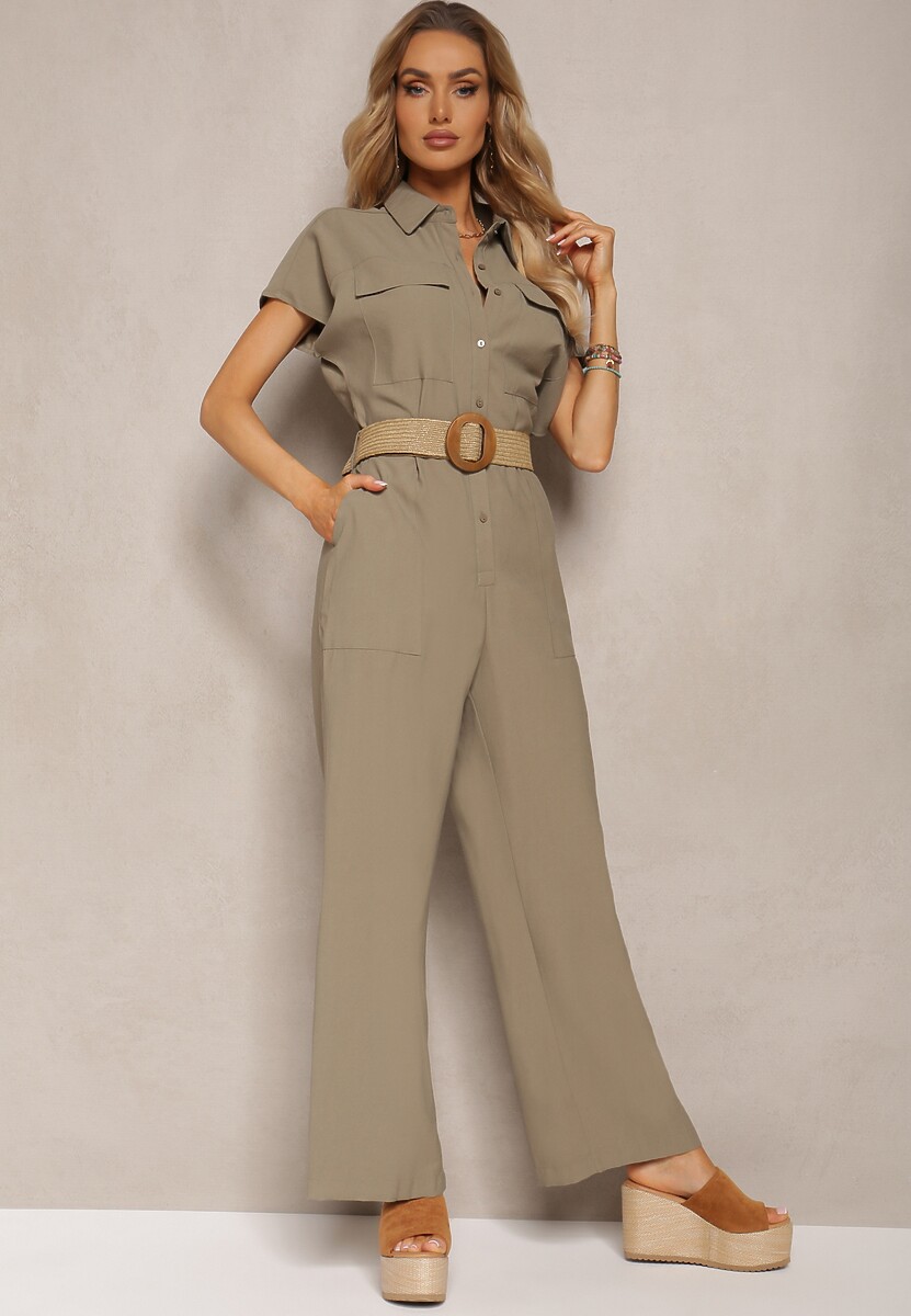 Ciemnozielony Kombinezon w Stylu Utility z Koszulową Górą i Plecionym Paskiem Dexara