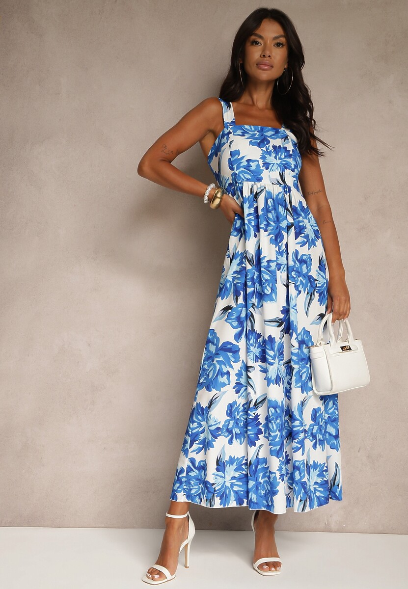 Niebieska Sukienka z Wiskozą o Rozkloszowanym Kroju z Kwiatami Nilestra