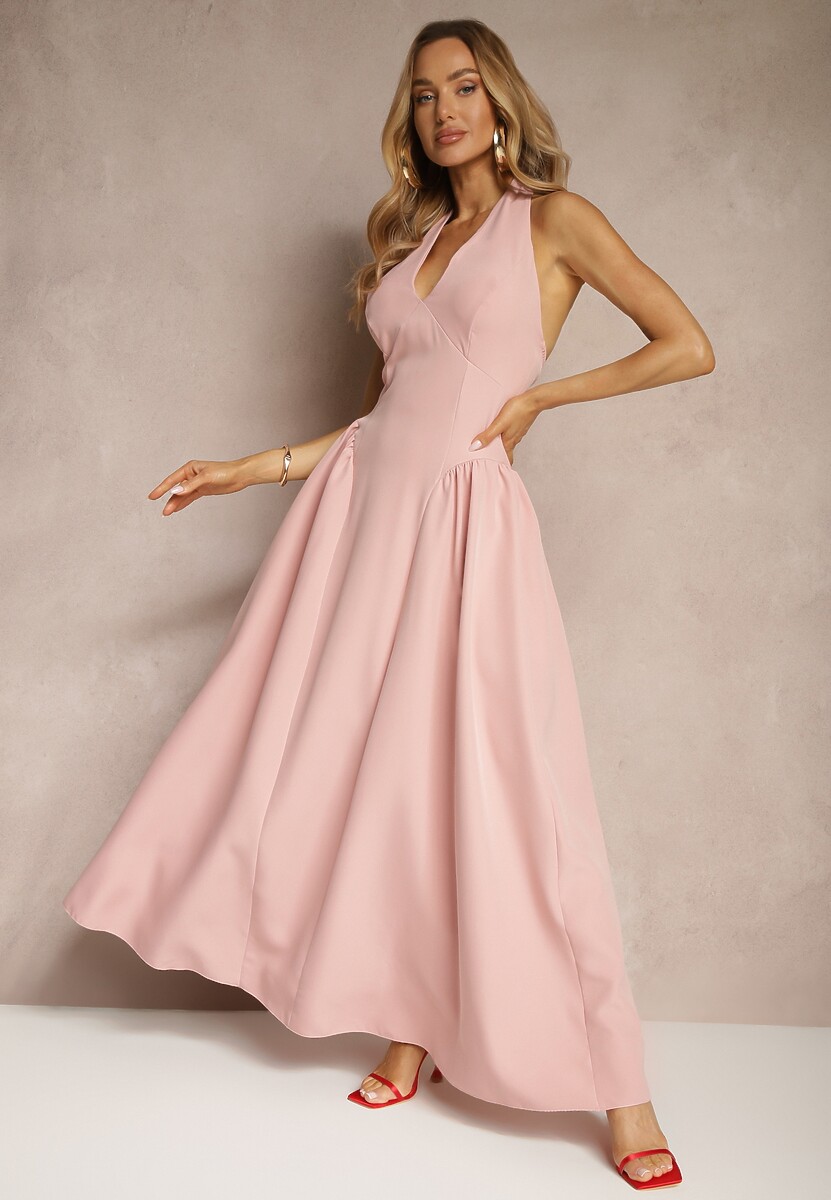 Biała Rozkloszowana Sukienka Halter z Wiązaniem i Odkrytymi Plecami Senicce