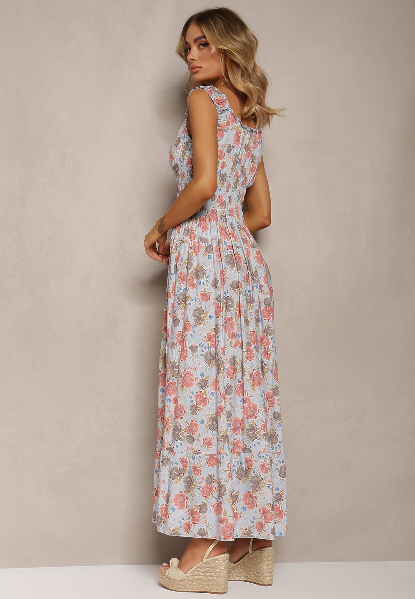 Jasnoniebieska Kwiecista Sukienka Rozkloszowana z Bawełny na Ramiączkach Kalassia