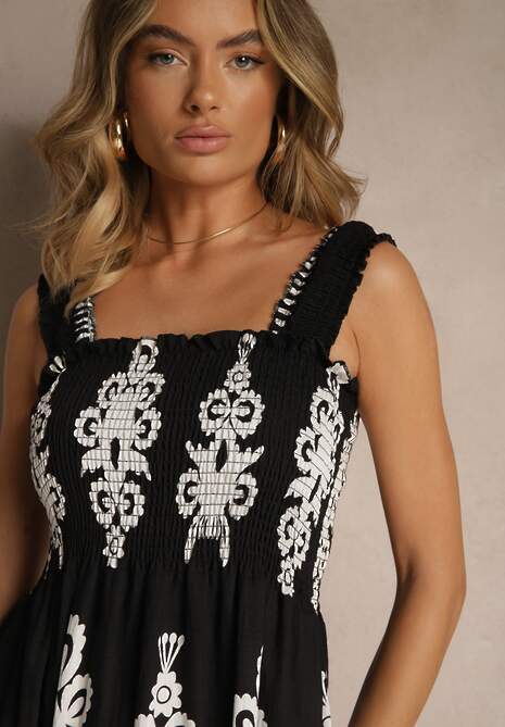 Czarna Rozkloszowana Sukienka z Wiskozy z Ornamentnym Motywem Aloxe