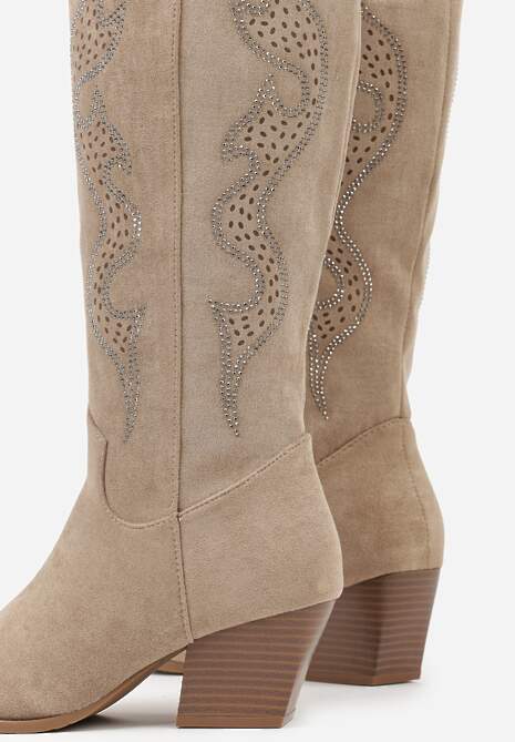 Ciemnobeżowe Kozaki Kowbojki na Stożkowym Obcasie Zdobione Cyrkoniami Nalasania