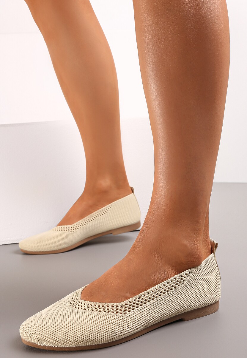 Beżowe Płaskie Balerinki Plecione z Ozdobnymi Wycięciami Daniya