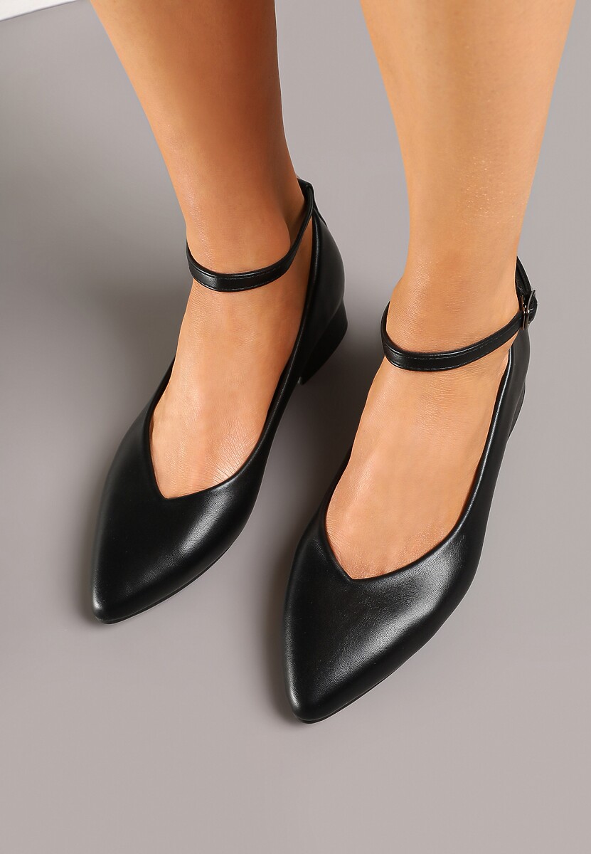 Czarne Błyszczące Czółenka na Słupku z Wkładką ze Skóry Naturalnej z Ozdobnym Paskiem Norzeri