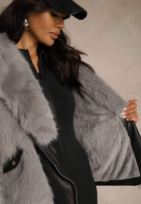 Szara Kurtka o Kroju Ramoneski z Futrem Sevre