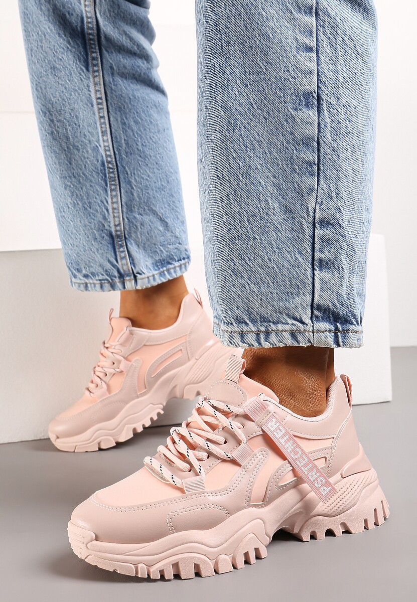 Różowe Sneakersy na Grubej Podeszwie z Taśmą przy Sznurowadłach Irisas