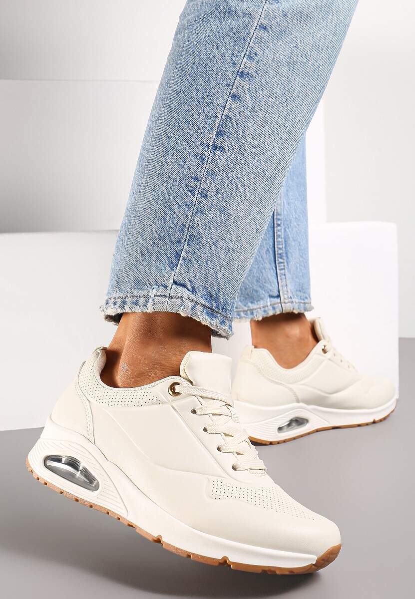 Beżowe Sneakersy z Imitacji Skóry na Podeszwie Air ze Sznurowaniem Nirele