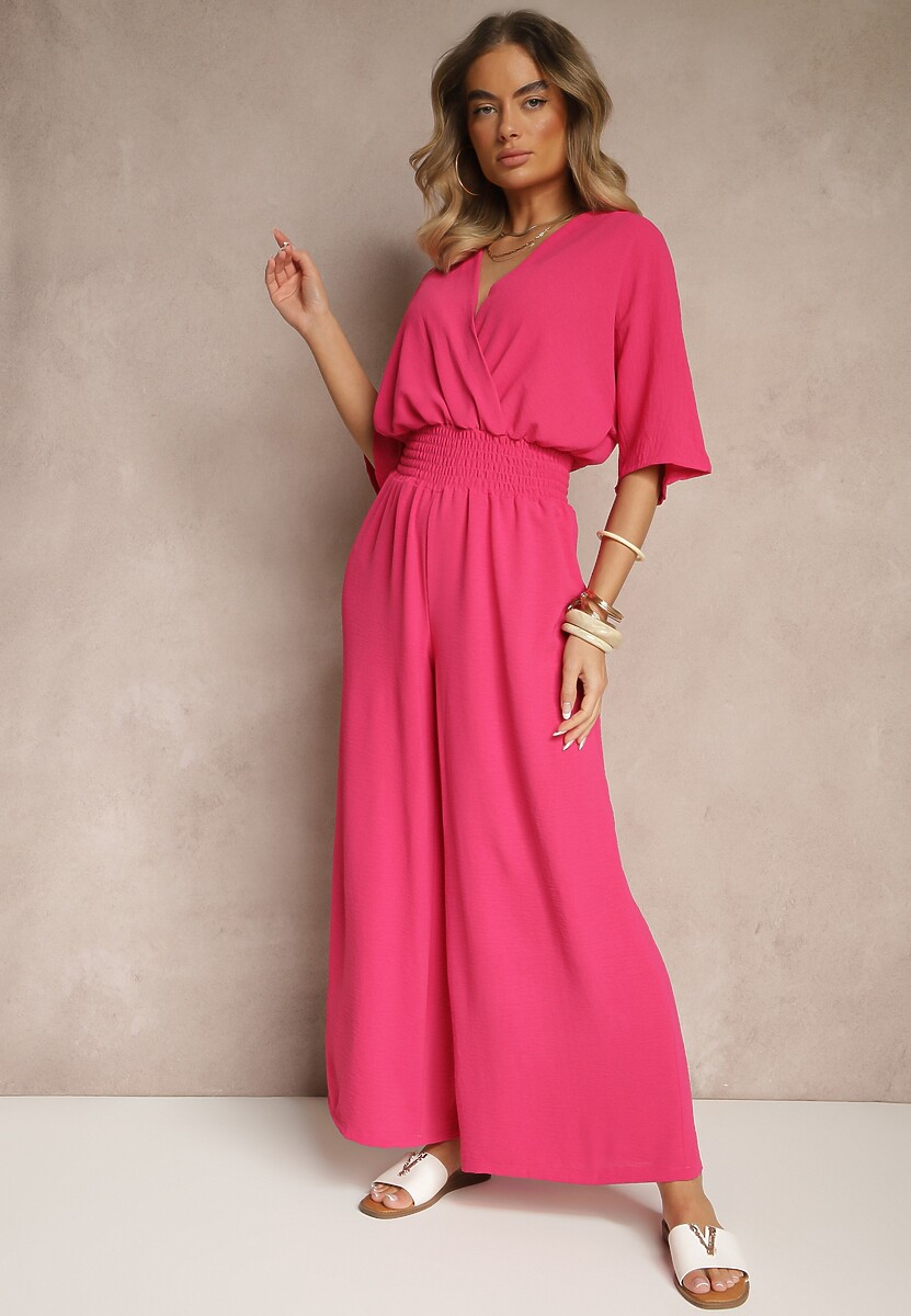 Fuksjowy Taliowany Kombinezon z Zakładkowym Dekoltem i Gumką w Pasie Vimalynna