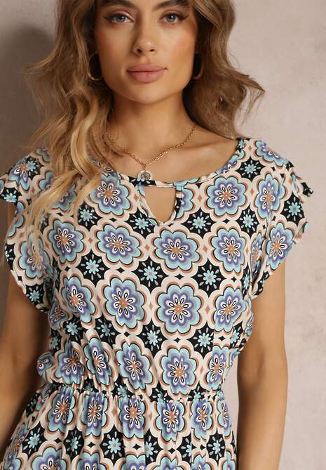 Niebiesko-Czarna Bawełniana Sukienka Mini w Mozaikowy Wzór z Gumką w Talii Fiyona