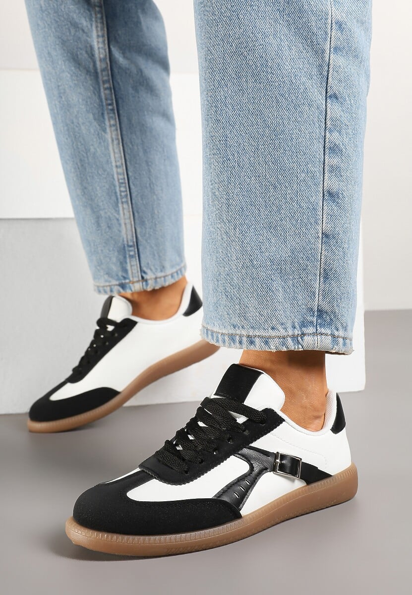 Czarno-Białe Sneakersy Klasyczne Tenisówki Zdobione Klamerką Senaniela