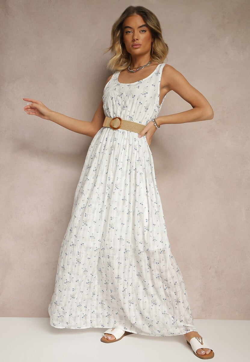 Jasnoniebieska Kwiatowa Sukienka o Rozkloszowanym Kroju z Paskiem z Plecionki Iffonvia