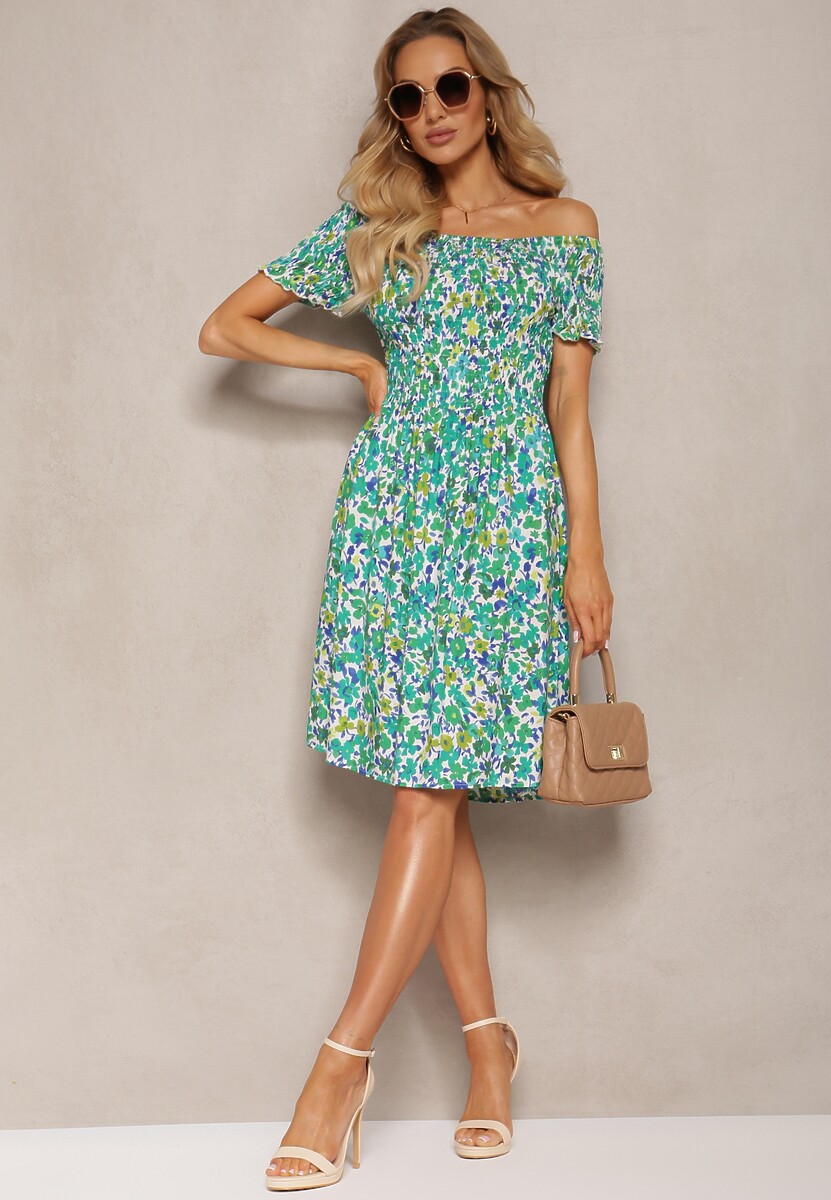 Zielona Sukienka z Wiskozy Hiszpanka z Gumką w Pasie Atriada