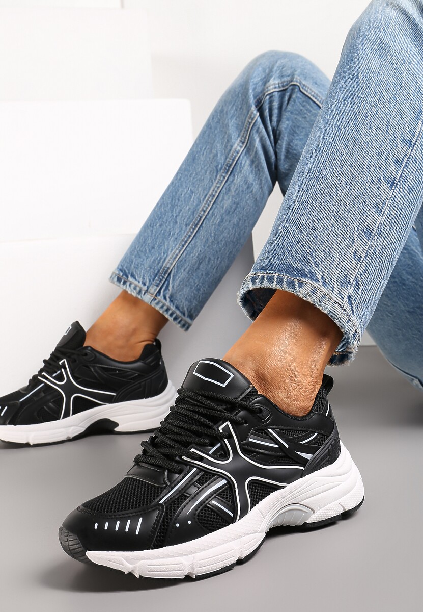Czarne Sneakersy na Grubej Podeszwie z Wstawkami Debuga