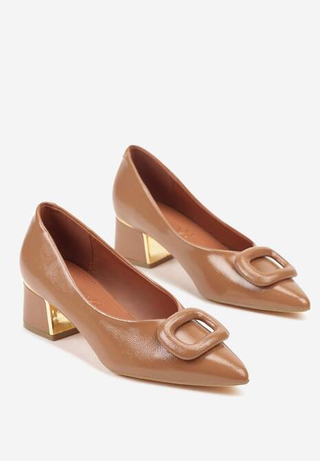 Ciemnobeżowe Czółenka Vices na Słupku z Wkładką ze Skóry Naturalnej i Klamrą Apanelle