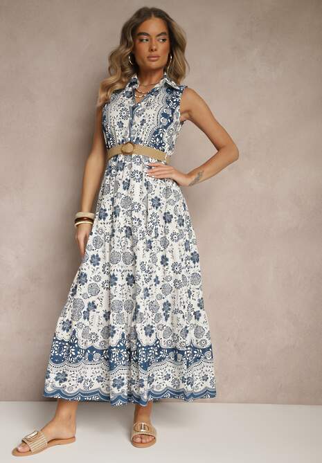 Niebieska Koszulowa Sukienka Bez Rękawów z Bawełny z Paskiem z Klamrą Mirasitia