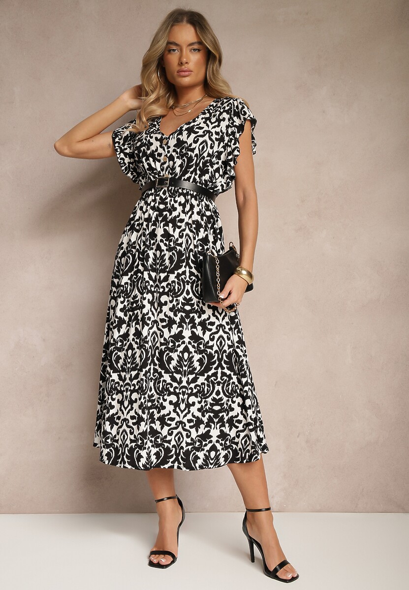 Granatowa Sukienka z Bawełny Rozkloszowana z Falbanami w Roślinny Wzór Zalimara