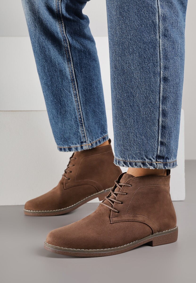 Ciemnobeżowe Botki z Sznurowaniem Wasicia