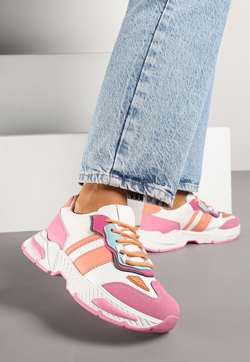 Różowo-Białe Sneakersy w Streetwearowym Stylu z Ozdobnymi Przeszyciami Isallena