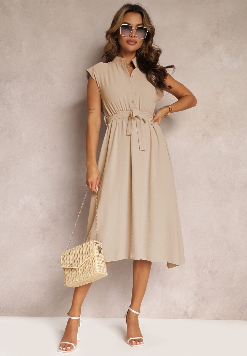 Beżowa Sukienka Midi z Guzikami i Materiałowym Paskiem Nylalik