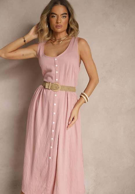 Różowa Rozkloszowana Sukienka z Wiskozy Ozdobiona Guzikami Nataviela