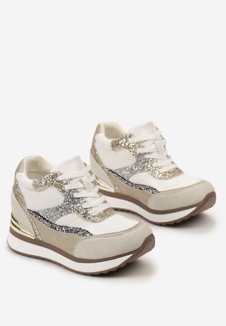 Szaro-Złote Brokatowe Sneakersy na Ukrytym Koturnie Zophiela
