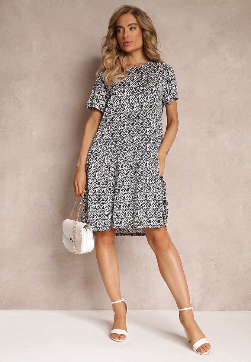 Czarno-Beżowa Sukienka Mini z Krótkimi Rękawami i Wzorem w Kwiaty Cassatha