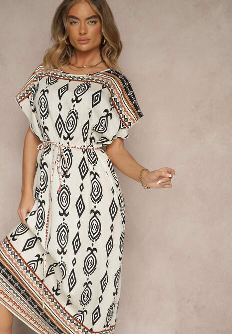 Biała Wiskozowa Sukienka o Pudełkowym Kroju w Etniczny Print Miriliana