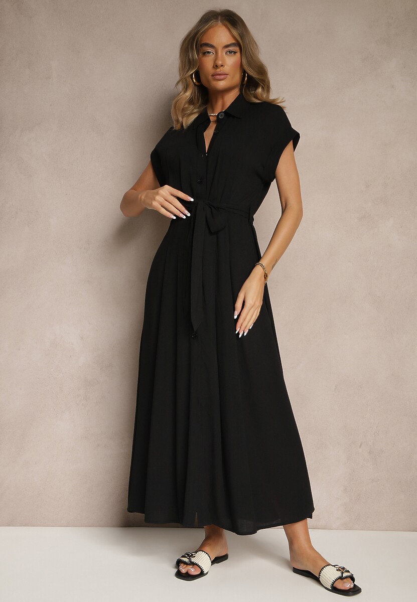 Beżowa Koszulowa Sukienka z Wiskozy z Paskiem Rinaira