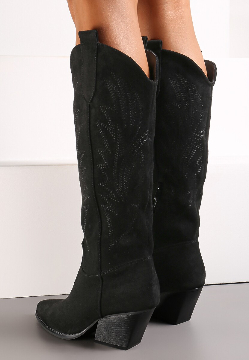 Czarne Kozaki Kowbojki na Skośnym Słupku z Haftami Vaelissa