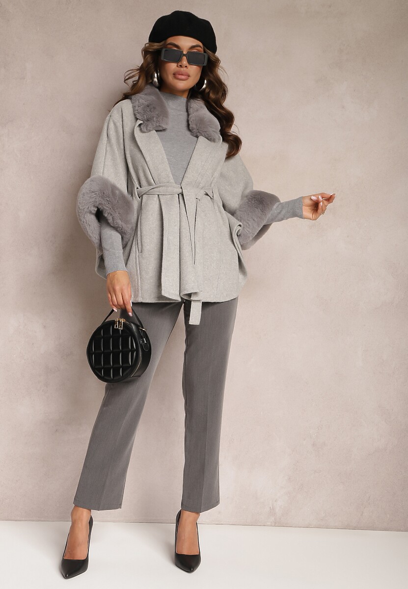 Szary Płaszcz Ponczo z Wiskozy z Paskiem i Futerkiem Roymessa