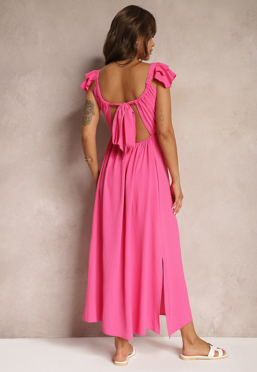 Różowa Sukienka Koktajlowa na Ramiączkach Ozdobiona Falbaną i Rozcięciami po Bokach Zorabea