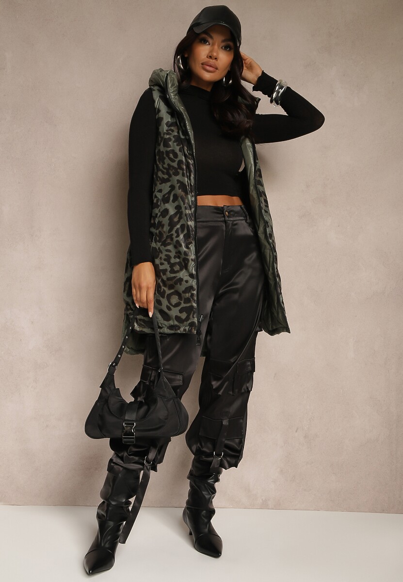 Zielona Kamizelka Dwustronna z Pikowanymi Przeszyciami i Kapturem Erisabe